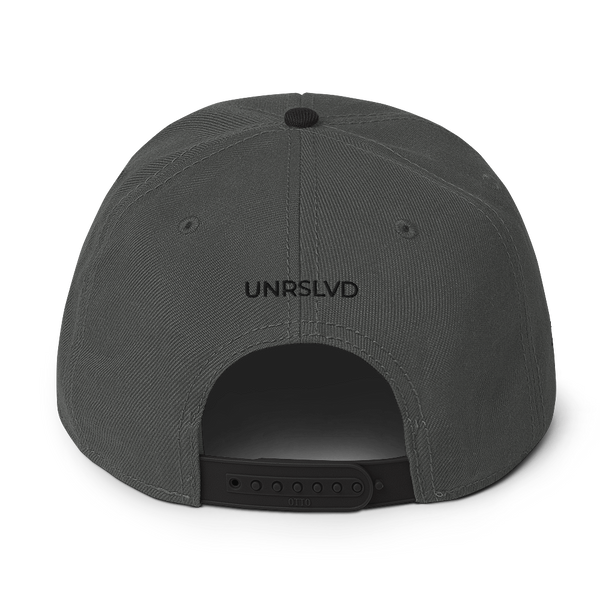 Snapback Hat- UNRSLVD TAG LOGO - 'what now' on side - embroidered