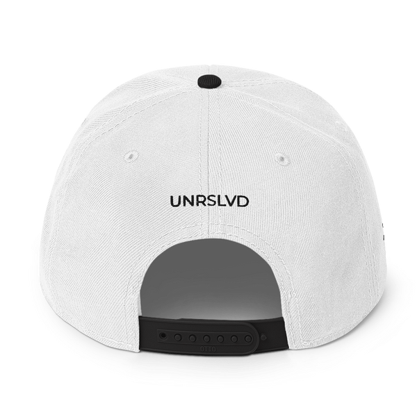Snapback Hat- UNRSLVD TAG LOGO - 'what now' on side - embroidered