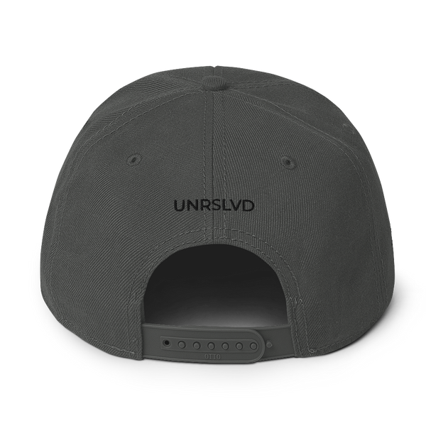Snapback Hat- UNRSLVD TAG LOGO - 'what now' on side - embroidered