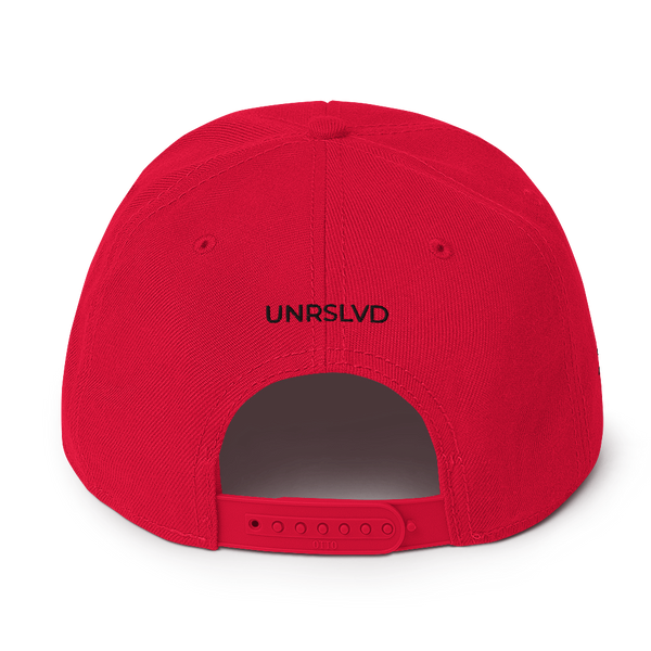 Snapback Hat- UNRSLVD TAG LOGO - 'what now' on side - embroidered