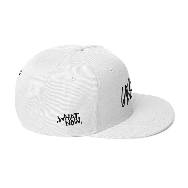 Snapback Hat- UNRSLVD TAG LOGO - 'what now' on side - embroidered
