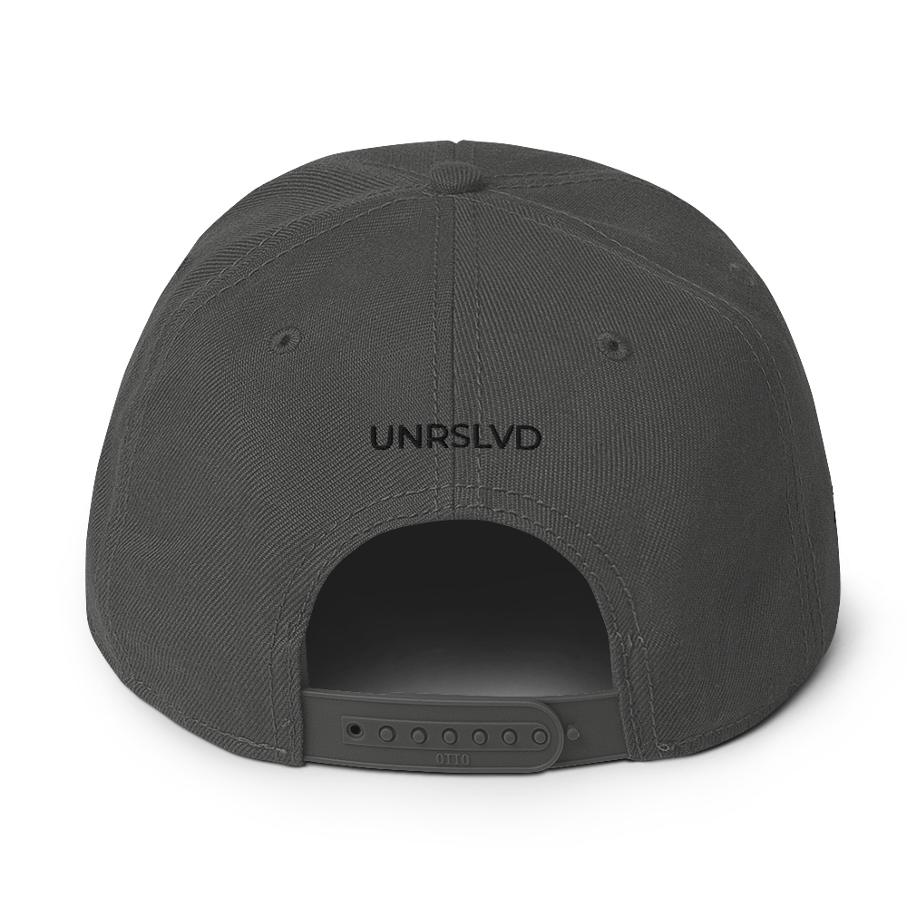 Snapback Hat- UNRSLVD TAG LOGO - 'what now' on side - embroidered
