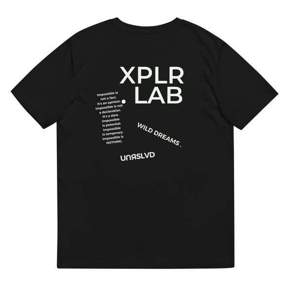 U-3 - XPLR.LAB - front + back print - black organic cotton t-shirt
